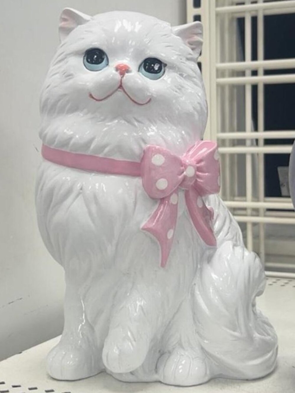 White Ceramic Cat Statue Pink Bow Cottagecore Home Decor